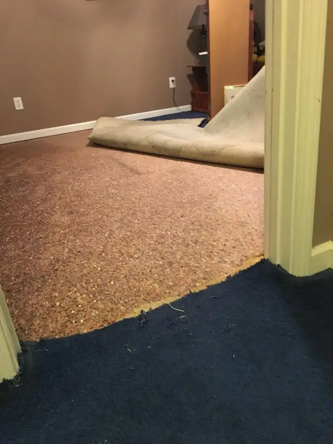 Carpet pad removal revealing water damage during Drying & Dehumidification in Blairstown